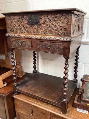 Lot 5396 - 18th century bible box on stand with turned legs and carvings