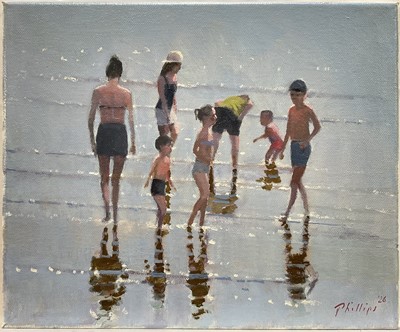 Lot 268 - Peter Z. Phillips, oil on canvas, Children playing in the shallows on a sunny day, signed, 25cm...
