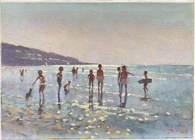 Lot 269 - Peter Z. Phillips, oil on canvas, A beach scene with children paddling, signed, 30cm x 42cm, unframed