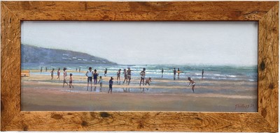 Lot 270 - Peter Z. Phillips, oil on canvas, An extensive beach scene with children paddling, signed, 29cm...