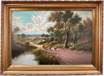 Lot 272 - English School circa 1890, oil on canvas, An extensive country scene with sheep and herdsmen on a