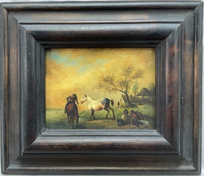 Lot 275 - Continental school, oil on copper plate, Figures and horses by a river, 12.5cm x 16.5cm, in wooden frame