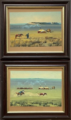 Lot 280 - Mongolian School, oil on paper, a pair, Figures and horses by yurts on the plain, framed