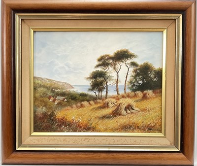 Lot 281 - English School mid 20th Century, oil on board, A country scene with stooks of cut corn in the foreground,...