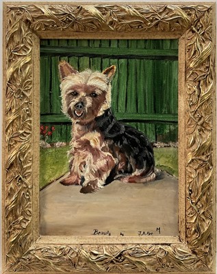 Lot 279 - J.A. Pye, oil on canvas, 'Beauty' a little dog, signed and inscribed, 34cm x 24cm