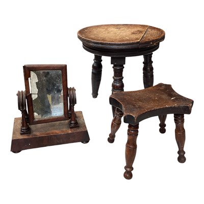 Lot 5400 - Small antique mahogany mirror together with a small four leg stool and a three leg stool