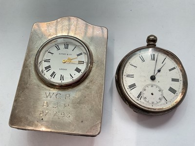 Lot 142 - 1960s silver hinged bangle with engraved decoration, silver necklace, silver swirl pendant, Victorian silver pocket watch, silver mounted Kitney & Co timepiece and a simulated pearl necklace...