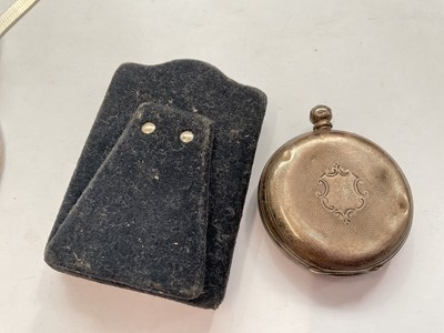 Lot 142 - 1960s silver hinged bangle with engraved decoration, silver necklace, silver swirl pendant, Victorian silver pocket watch, silver mounted Kitney & Co timepiece and a simulated pearl necklace...