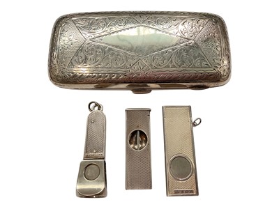 Lot 143 - Edwardian silver cigar case with engraved scroll decoration (Birmingham 1904), together with three silver mounted cigar cutters