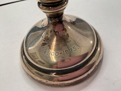 Lot 144 - Group of silver to include a pair of salts with three salt spoons in fitted case, two napkin rings, 1940s cup and a 1920s spill vase with weighted base