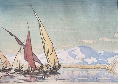 Lot 1057 - Allen William Seaby (1867-1953) - Rare landscape woodcut of Lake with Boats, c1920, signed in pencil, unframed, 17.5cm x 25cm