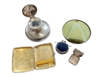 Lot 83 - Victorian silver desk inkwell, Edwardian silver cigarette case, silver mounted pin cushion, silver circular photograph frame and a silver 925 pill box (5)