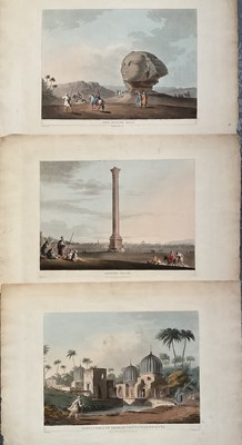 Lot 1061 - Three aquatints - Pompey's Pillar (1802), The Sphinx Head (1812), Sepulchres Of Arabian Saints Near Rosetta (1812), hand-coloured aquatints from Luigi Mayer's Views in Egypt, Pub. R Bowyer, Hift...