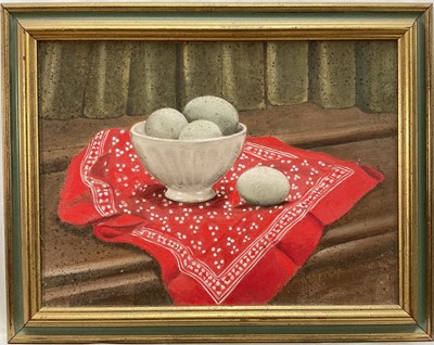 Lot 304 - *Jacqueline Taber (b. 1946) oil on canvas, Eggs in a bowl with red spotted handkerchief, 29cm x 39cm, framed