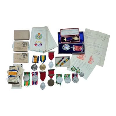 Lot 706 - First World War pair comprising War and Victory medals named to 42313 PTE. F. C. Cocker. E. York. R., together with two Second World War Defence medals