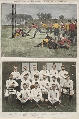 Lot 305 - Illustrated London News: 'International (Rugby) Football England v Wales at Blackheath' after William Barnes Wollen, 1892, with image of the England Team photograph below, glazed maple vene...