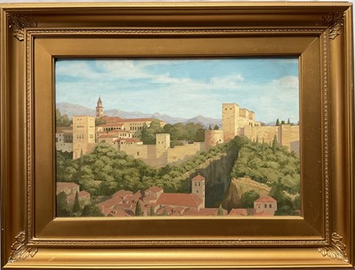 Lot 1031 - English School, second half 20th century, oil on canvas board - The Alhambra Palace, 41cm x 61cm, in gilt frame