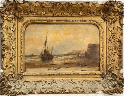 Lot 1038 - English School, mid 19th century, oil on panel, Coastal scene with figures, signed with initials CBS