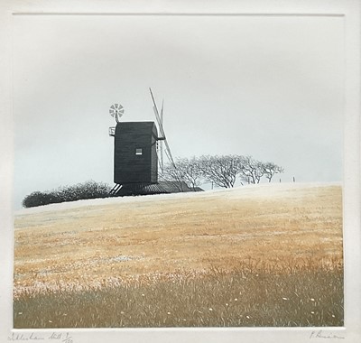 Lot 336 - Paul Bisson (b. 1938) limited edition coloured etching, Icklesham Mill, East Sussex , 9/150, 24cm x 25cm, mounted in glazed frame