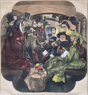 Lot 337 - Illustrated London News, 'Omnibus Life in London' after W. M. Egley, a coloured print, 25cm x 23cm, mounted in glazed maple veneered frame
