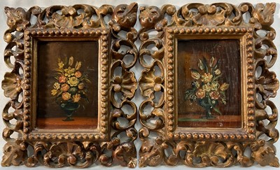 Lot 338 - Italian School, oil on wood, a pair, Still life Of flowers, each 8.5cm x 6cm, in ornate frames