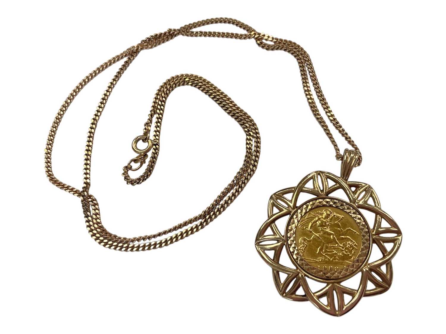 Lot 103 - Elizabeth II gold half sovereign, 1982, in a 9ct gold pendant mount on 9ct gold chain