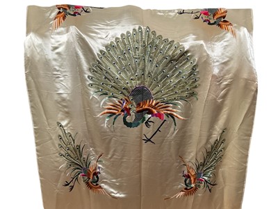 Lot 2532 - Large Chinese silk hand embroidered panel with peacocks, 140cms x 200cms.