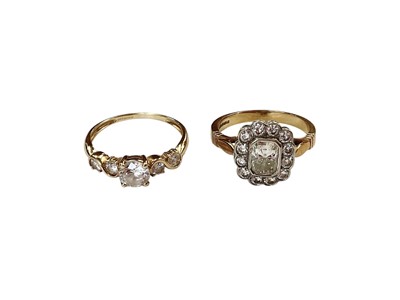 Lot 108 - 14ct gold synthetic white stone five stone ring and 9ct gold synthetic white stone cluster ring (2)