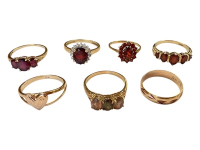 Lot 109 - Five 9ct gold gem set dress rings, 9ct gold wedding ring and 9ct gold heart shaped ring (7)