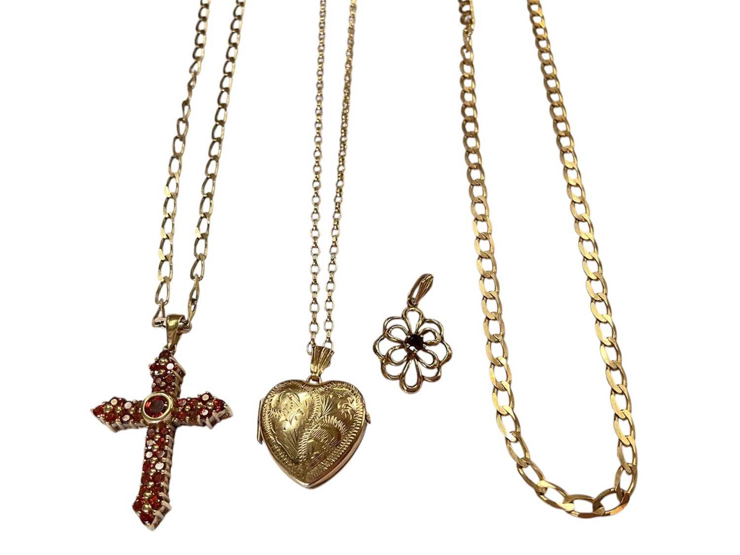 Lot 110 - 9ct gold gem set cross pendant on 9ct gold chain, 9ct gold locket pendant on 9ct gold chain, 9ct gold garnet pendant and 9ct gold flat curb link chain