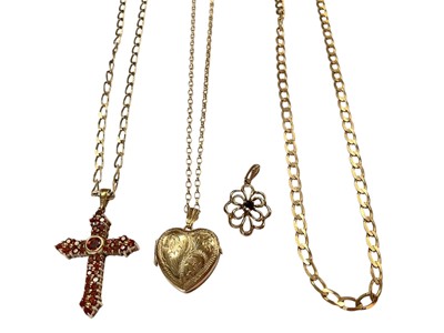 Lot 110 - 9ct gold gem set cross pendant on 9ct gold chain, 9ct gold locket pendant on 9ct gold chain, 9ct gold garnet pendant and 9ct gold flat curb link chain