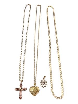 Lot 110 - 9ct gold gem set cross pendant on 9ct gold chain, 9ct gold locket pendant on 9ct gold chain, 9ct gold garnet pendant and 9ct gold flat curb link chain