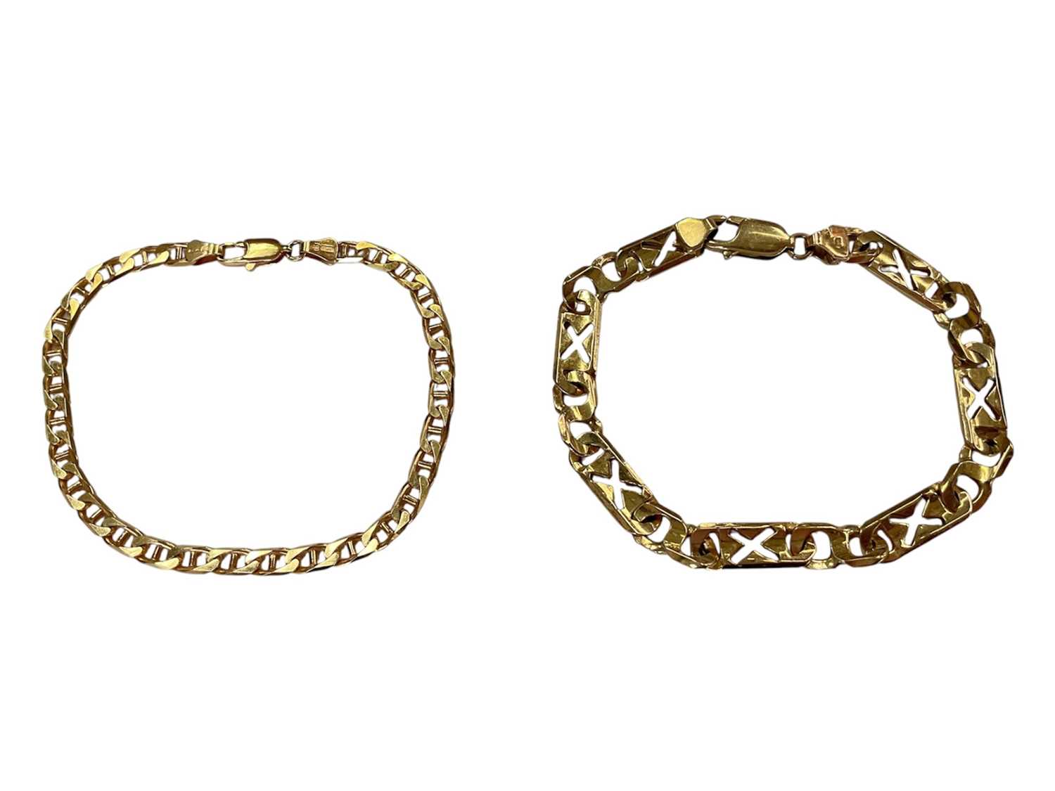 Lot 111 - 9ct gold flat curb link chain bracelet, 19cm long and 9ct gold cut out cross panel bracelet, 19.5cm long