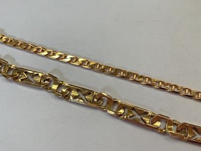 Lot 111 - 9ct gold flat curb link chain bracelet, 19cm long and 9ct gold cut out cross panel bracelet, 19.5cm long