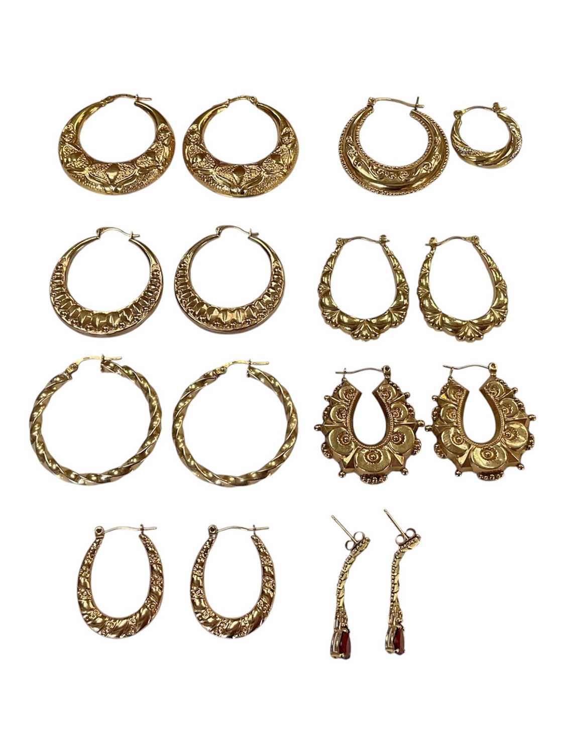 Lot 112 - Collection of 9ct gold hoop earrings and pair of gem set pendant drop earrings