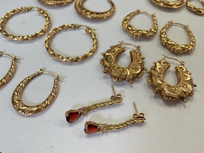 Lot 112 - Collection of 9ct gold hoop earrings and pair of gem set pendant drop earrings