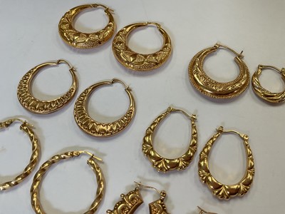 Lot 112 - Collection of 9ct gold hoop earrings and pair of gem set pendant drop earrings