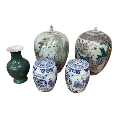 Lot 5022 - Chinese Famille Rose jar and cover, another Chinese porcelain jar and cover, pair of Chinese incense burners and a Chinese celadon crackle glazed vase (5)