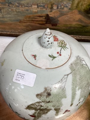Lot 5022 - Chinese Famille Rose jar and cover, another Chinese porcelain jar and cover, pair of Chinese incense burners and a Chinese celadon crackle glazed vase (5)