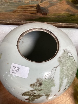 Lot 5022 - Chinese Famille Rose jar and cover, another Chinese porcelain jar and cover, pair of Chinese incense burners and a Chinese celadon crackle glazed vase (5)