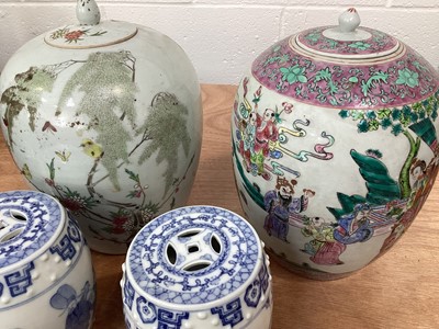 Lot 5022 - Chinese Famille Rose jar and cover, another Chinese porcelain jar and cover, pair of Chinese incense burners and a Chinese celadon crackle glazed vase (5)
