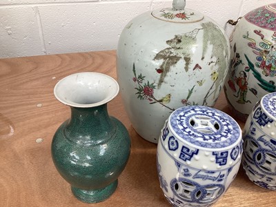 Lot 5022 - Chinese Famille Rose jar and cover, another Chinese porcelain jar and cover, pair of Chinese incense burners and a Chinese celadon crackle glazed vase (5)