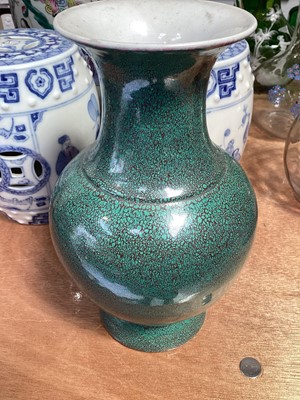 Lot 5022 - Chinese Famille Rose jar and cover, another Chinese porcelain jar and cover, pair of Chinese incense burners and a Chinese celadon crackle glazed vase (5)