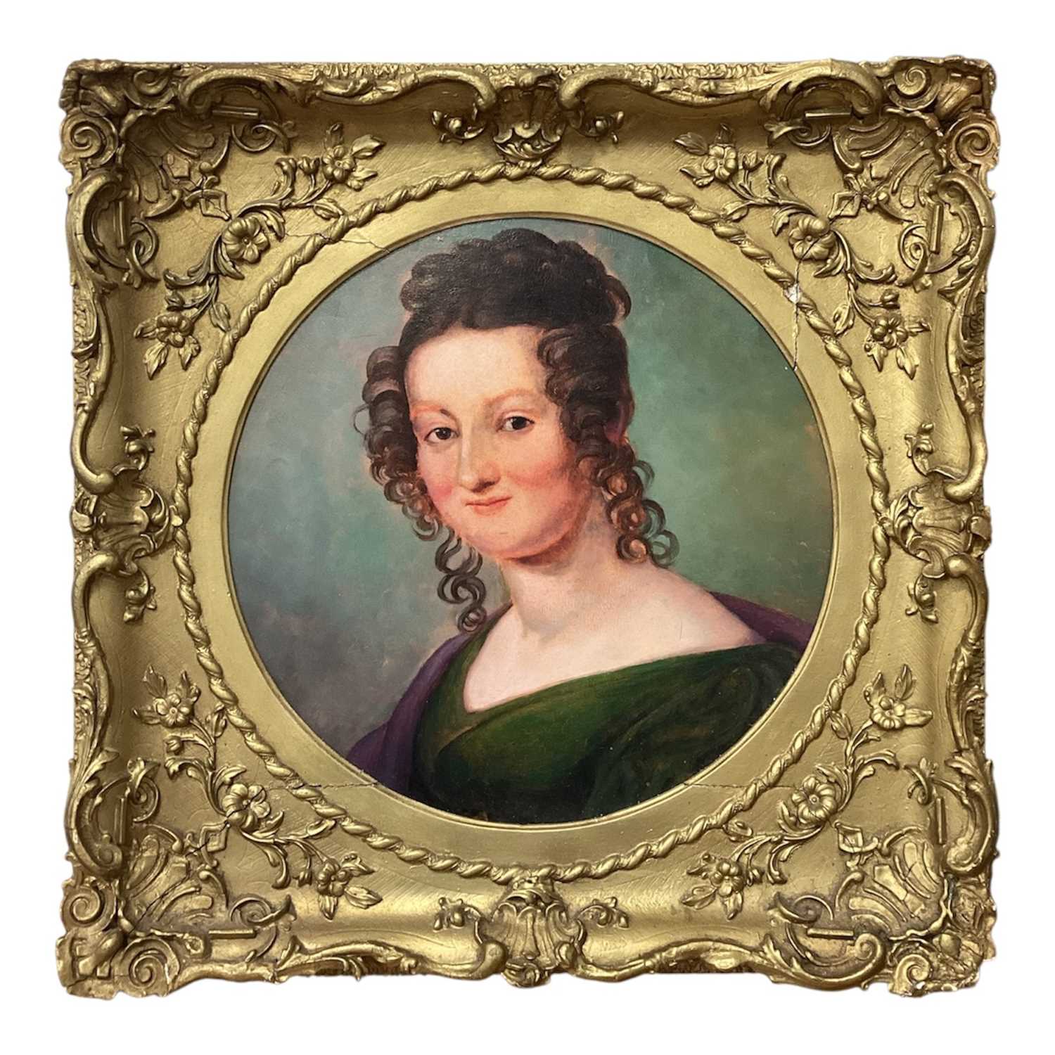 Lot 5031 - Early 19th century oil on canvas in ornate gilt frame - portrait of a lady, tondo.