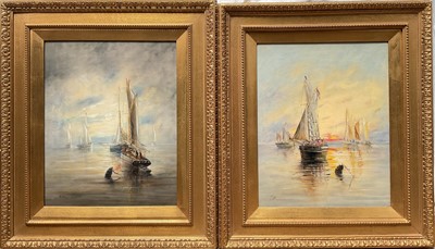 Lot 1030 - J. Westcott, pair of early 20th century oils on canvas - Vessels at Anchor, Sunrise and Sunset, signed and dated 1905, 51cm x 41cm, in gilt frame