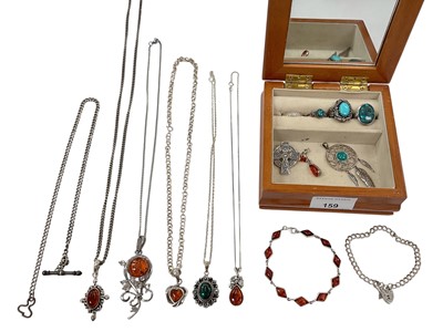 Lot 159 - Group of silver / white metal mounted amber and turquoise jewellery, silver watch chain etc