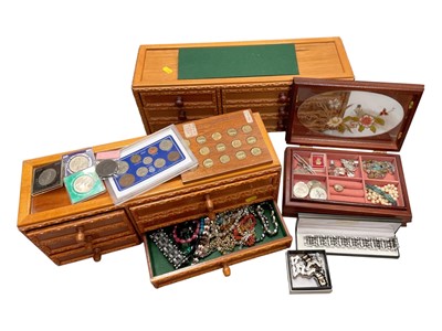 Lot 162 - Two wooden draw cabinets containing costume jewellery, together with another box of jewellery, coins etc