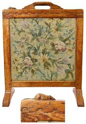 Lot 1335 - Rare early Robert Mouseman Thompson carved oak fire screen, square form with integral pierced surmounting carrying handle and obligatory signature carved mouse to the top rail, over carved penda...
