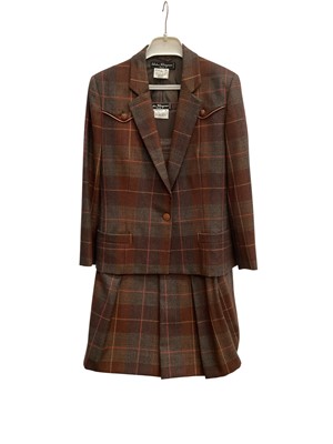 Lot 2546 - A women's Salvatore Ferragamo brown check wool jacket, size 42. Plus matching skirt and narrow belt.