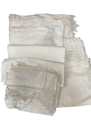 Lot 2547 - Quantity of table linens with crotchet and lace trims, some embroidered items. Qty.